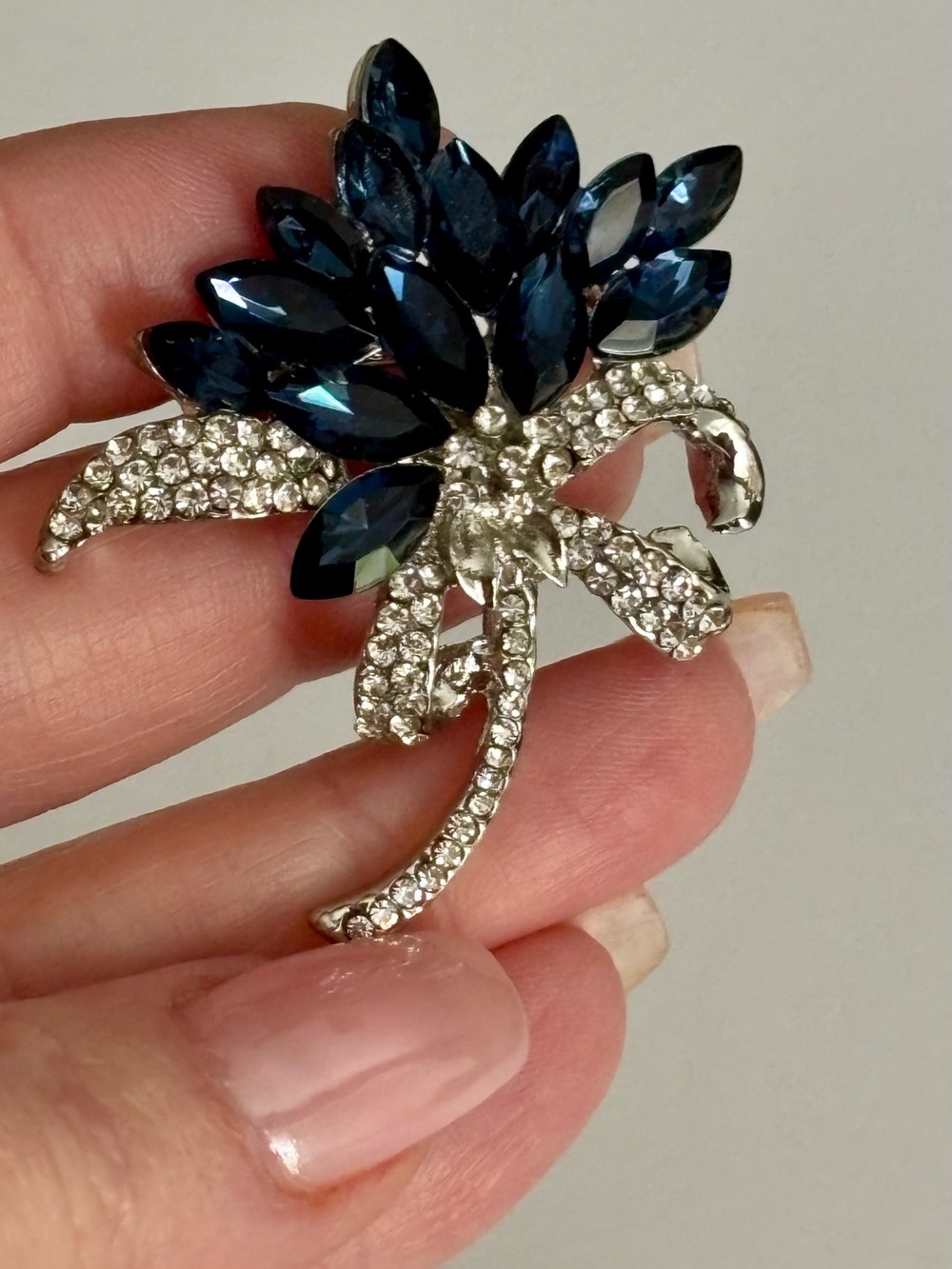 Blue Rhinestone Floral Brooch Pin Silver Tone Statement Jewelry